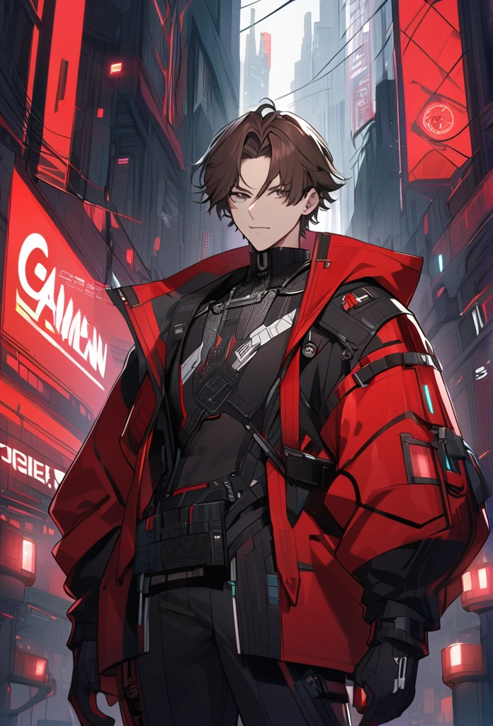 Handsome, solo, 1 male, short hair, brown hair, gray eyes, black and red hood, futuristic, cyberpunk, cards, gambler