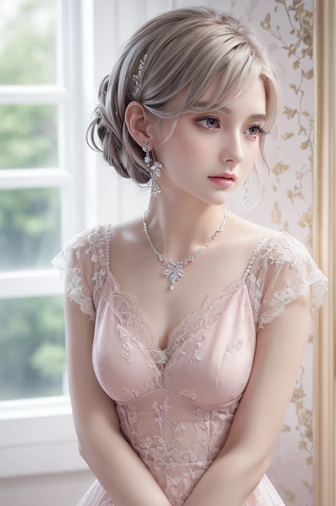 pink lace thong&Good, (((Very elegant and beautiful, Perfect detail, Super detailed))), whole body, The most detailed girl, Depth of written boundary, 美しく詳細なwhole body, Thin legs, 1 girl, 30 years old, Very short hair, Spiked Hair, Gray and silver hair, Beautiful detailed hair, Perfect Face, Expressionless, Beautifully detailed deep eyes, Open your mouth a little, Delicate arms and hands, Pale skin, Earrings, Beautiful and gorgeous necklace, Colorful background, HD background, Blurred Background, Very delicate and beautiful, Masterpiece, (((Highest quality, Very beautiful 8K CG wallpaper))), (((Trendy hairstyles))), (Inside the room,Stylish interior,window),