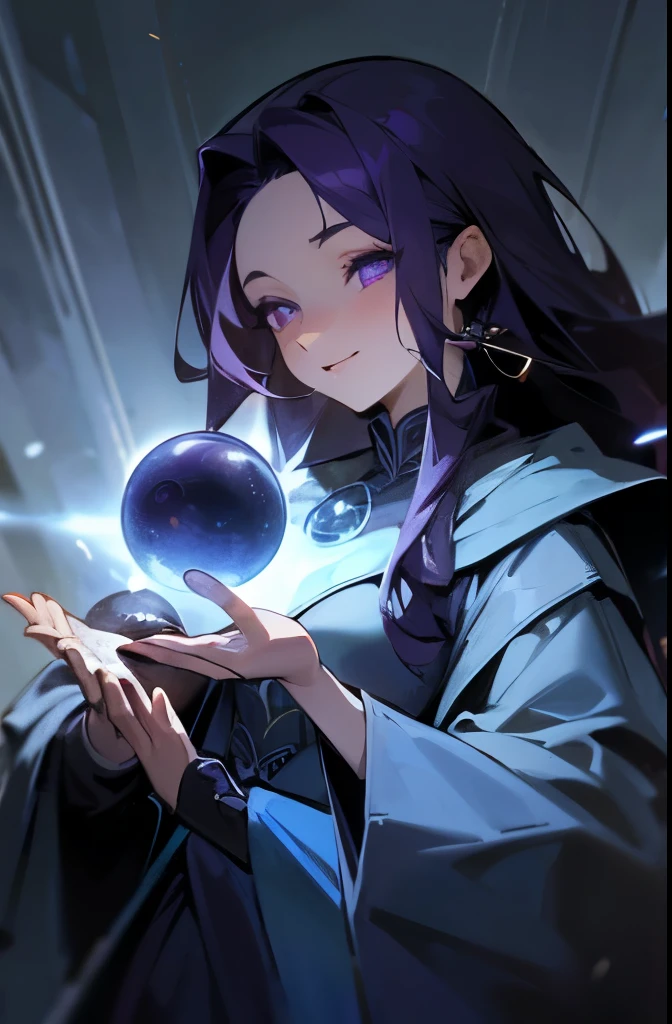 Best quality,high detail,masterpiece,1 woman, Wizard Outfit, eyes like the deep sea, dark purple hair, holding a magic orb,laughing