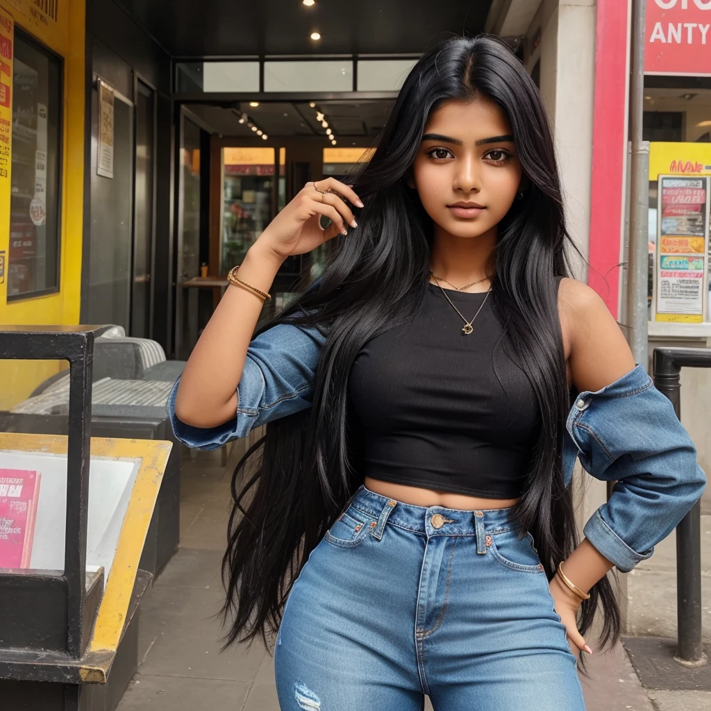 lovely cute young attractive indian teenage girl, big city girl, 18 years old, cute, an Instagram model, long black_hair, colorful hair, hot, dacing, wear black top, jeans,Indian