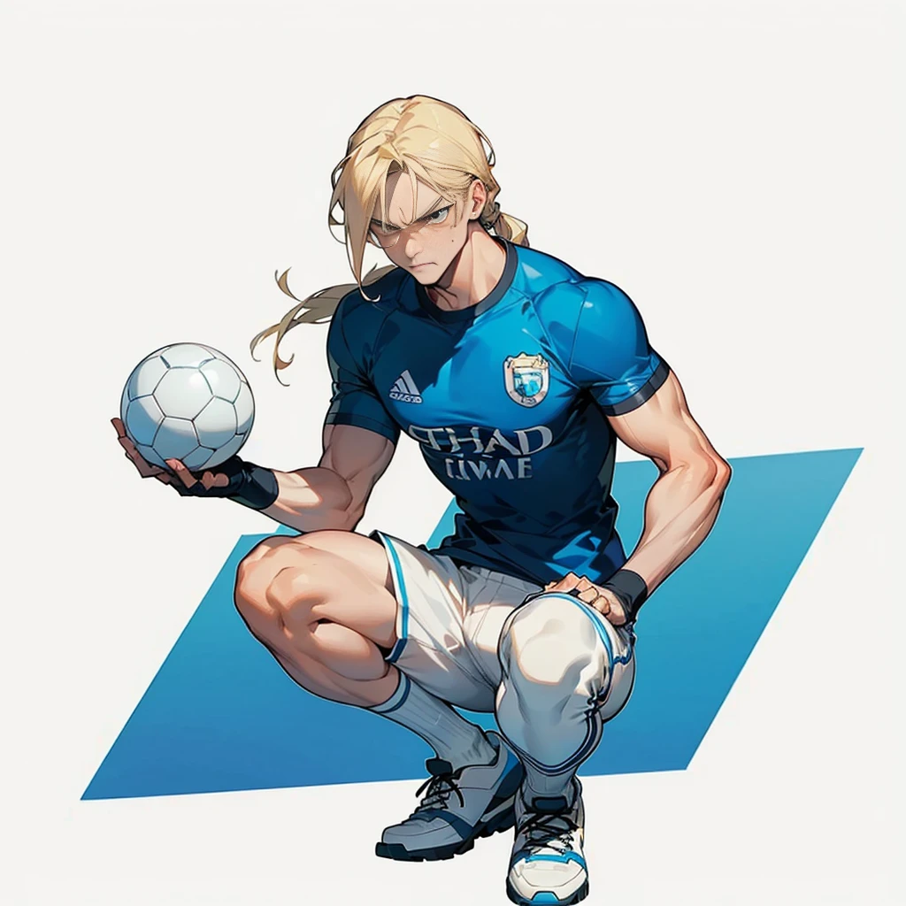 Random evolution, (1man), (full body version), tall man, muscle, Masculine, (his face scowls), albino skins, sport, football player, 1ball, (Blonde colored hair, Long Straight hairstyle, narrow eyes, hazel eyes), Manchester City blue t-shirt, White shorts, white socks, Grassroots, There's a ball 