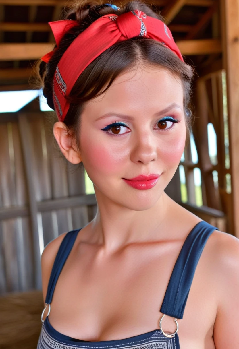 m1ag0th woman, brunette hair bun, brown eyes, red, bandana, in a barn, pearl movie, close up, in a barn with stacks, blue eyeliner, brown wavy hair