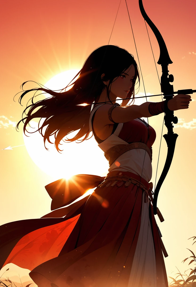 a Japanese watercolor illustration (Black, white and red colors only) of a exquisite beautiful female archer, (silhouette artwork: 1.3), aiming a bow, holding the (composite masterwork bow: 1.3)  perfectly, ready for action as the sun rises, fantasy art, ), sun rising behind the archer, ready to act,  ultra feminine, with a long curvy hair, dynamic clothing, intricate clothes, , sting drawn to the cheek , arrow ready to be shot, (tip of the arrow glimmers in the sun: 1.3), sunrays, divine rays, high details, best quality, 16k, [ultra detailed], masterpiece, best quality, (extremely detailed), dynamic angle, Aiming a Bow, bow (weapon)