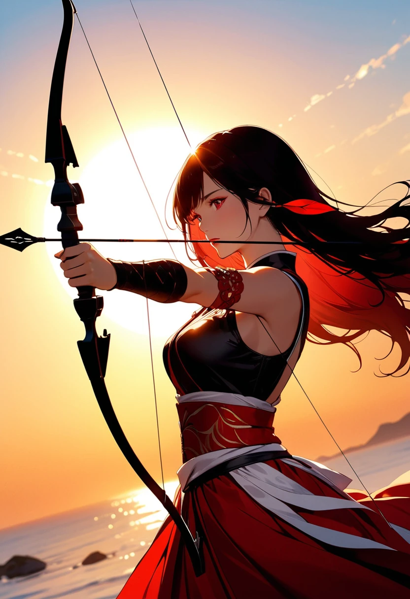 a Japanese watercolor illustration (Black, white and red colors only) of a exquisite beautiful female archer, (silhouette artwork: 1.3), aiming a bow, holding the (composite masterwork bow: 1.3)  perfectly, ready for action as the sun rises, fantasy art, ), sun rising behind the archer, ready to act,  ultra feminine, with a long curvy hair, dynamic clothing, intricate clothes, , sting drawn to the cheek , arrow ready to be shot, (tip of the arrow glimmers in the sun: 1.3), sunrays, divine rays, high details, best quality, 16k, [ultra detailed], masterpiece, best quality, (extremely detailed), dynamic angle, Aiming a Bow, bow (weapon)