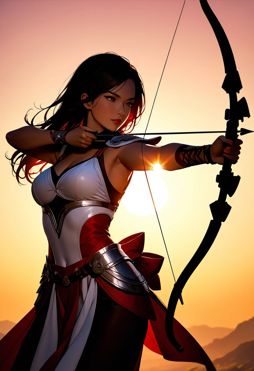 a Japanese watercolor illustration (Black, white and red colors only) of a exquisite beautiful female archer, (silhouette artwork: 1.3), aiming a bow, holding the (composite masterwork bow: 1.3)  perfectly, ready for action as the sun rises, fantasy art, ), sun rising behind the archer, ready to act,  ultra feminine, with a long curvy hair, dynamic clothing, intricate clothes, , sting drawn to the cheek , arrow ready to be shot, (tip of the arrow glimmers in the sun: 1.3), sunrays, divine rays, high details, best quality, 16k, [ultra detailed], masterpiece, best quality, (extremely detailed), dynamic angle, Aiming a Bow, bow (weapon)