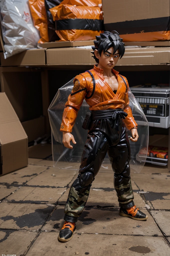 packaged action figure of Goku, wear Indonesian military uniform, camouflage pattern, transparent plastic, with additional stuff and accessories, a photo and typography logo written "GOKU 2077" of
the figure on side of package.