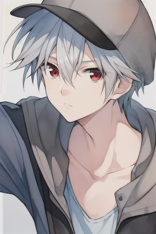 masterpiece, best quality, , 1boy, solo, male focus, looking at viewer, upper body, , (watercolor illustration, soft pastel colors:1.1), , yoshio_kobayashi, grey hair, red eyes, , newsboy cap, , HD