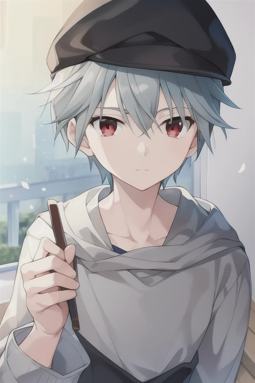 masterpiece, best quality, , 1boy, solo, male focus, looking at viewer, upper body, , (watercolor illustration, soft pastel colors:1.1), , yoshio_kobayashi, grey hair, red eyes, , newsboy cap, , HD