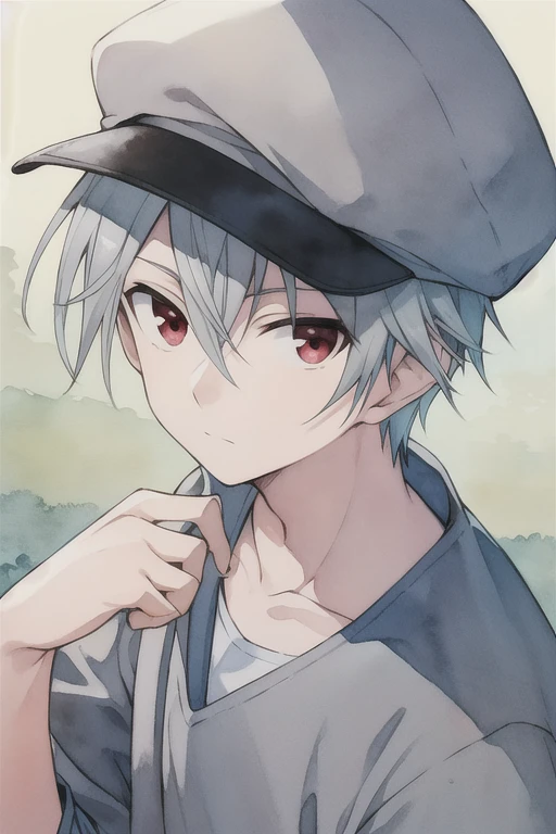 masterpiece, best quality, , 1boy, solo, male focus, looking at viewer, upper body, , (watercolor illustration, soft pastel colors:1.1), , yoshio_kobayashi, grey hair, red eyes, , newsboy cap, , HD