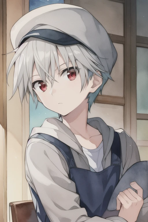 masterpiece, best quality, , 1boy, solo, male focus, looking at viewer, upper body, , (watercolor illustration, soft pastel colors:1.1), , yoshio_kobayashi, grey hair, red eyes, , newsboy cap, , HD