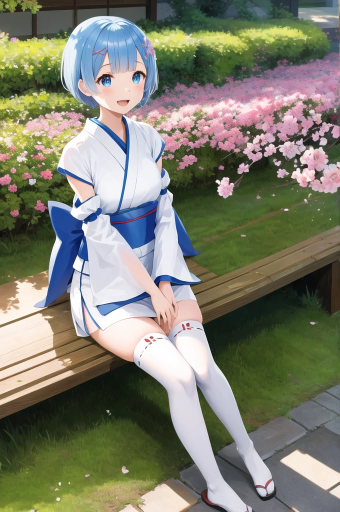 masterpiece, best quality, highres, bbrem, short hair, x hair ornament, japanese clothes, white kimono, short kimono, detached sleeves, wide sleeves, sash, white thighhighs, aged down, waving, smile, open mouth, outdoors, sitting