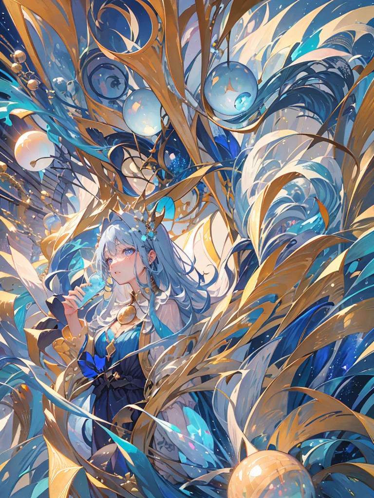 A world in dreams,fantastic townscape,  Blue World, Poured Light, Sparkling glass balls