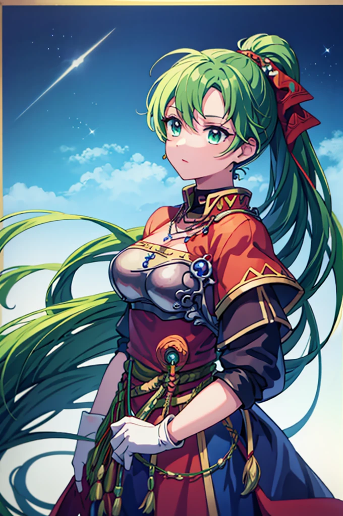 Masterpiece, Highest quality, （Fire emblem_Nanna）, Genealogy of the Holy War，（Blonde_Medium）hair ornaments, necklace, armor, Red Cape, Green Dress, belt, White gloves, Upper Body, View your viewers, roar，Rapier，From the side，Evening sky_background