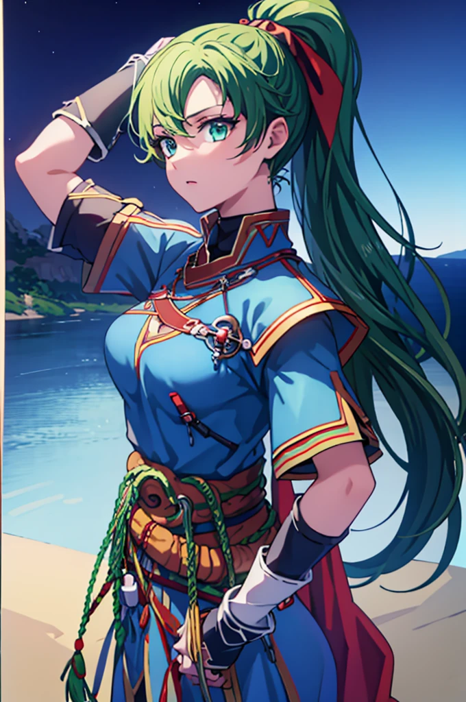 Masterpiece, Highest quality, （Fire emblem_Nanna）, Genealogy of the Holy War，（Blonde_Medium）hair ornaments, necklace, armor, Red Cape, Green Dress, belt, White gloves, Upper Body, View your viewers, roar，Rapier，From the side，Evening sky_background