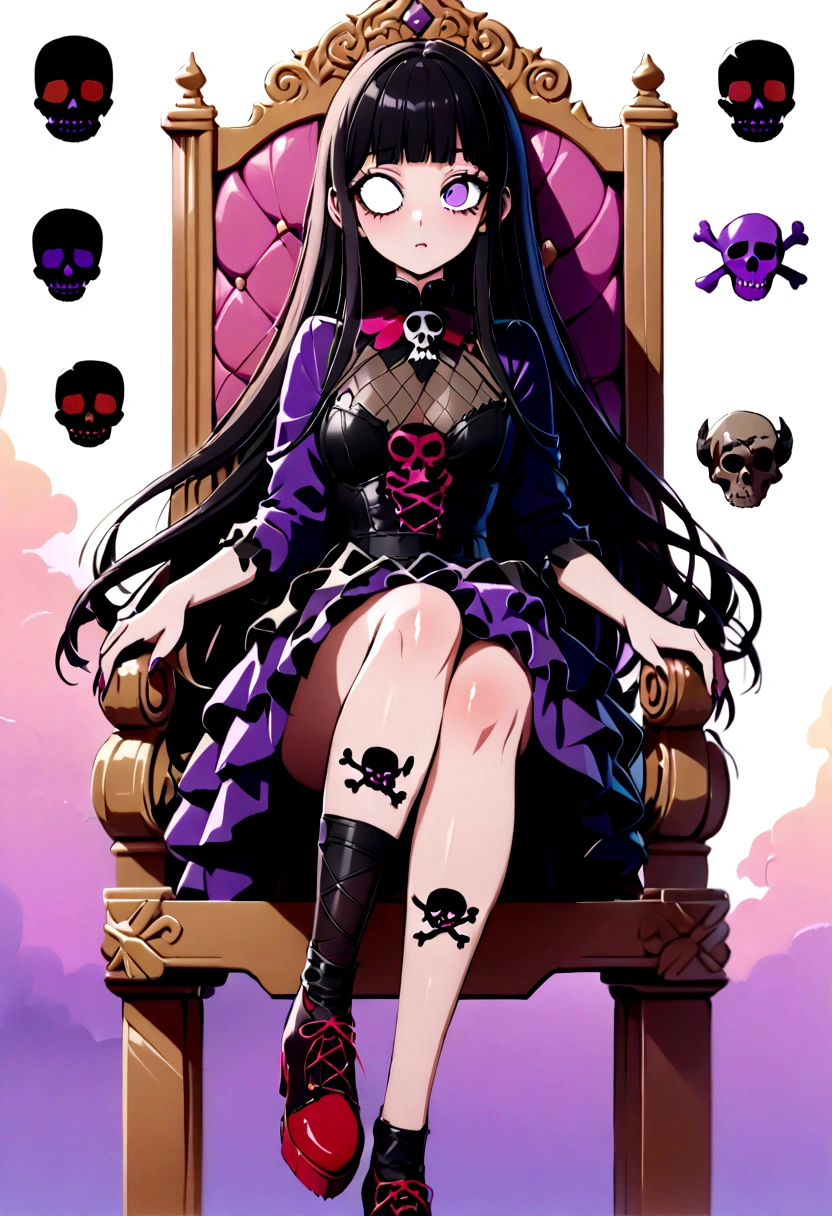 Black Hair、Black Feather、Gothic punk dress、Legs sticking out,Sit on a chair, Crossing your legs、Throne,anime zombie witch design, Crossbones, skull, Streetwear Design, Provector, Horror Style, Full Design, Only 6 colors, Solid Colors, No Shadow, Full Design, Stickers, Bright colors, White Background.Ultra-fine illustrations,(((Beautiful fine hair))),(((Beautiful Faces))),(((Beautiful background))),(((Beautiful fine hair))),(((Beautiful Faces))),(((Beautiful background)))、Black Hair、Blunt bangs,Undershot((Right hand white eye,Left eye purple)),Otto Eyes