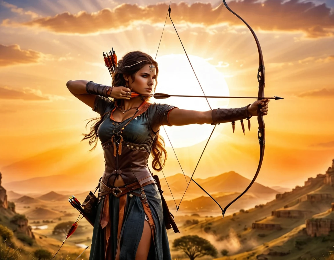 a watercolor illustration of a exquisite beautiful female archer, (silhouette artwork: 1.3), aiming a bow, holding the bow perfectly, ready for action as the sun rises, fantasy art, ), sun rising behind the archer, ready to act,  ultra feminine, with a long curvy hair, dynamic clothing, intricate clothes, , sting drawn to the cheek , arrow ready to be shot, (tip of the arrow glimmers in the sun: 1.3), sunrays, divine rays, high details, best quality, 16k, [ultra detailed], masterpiece, best quality, (extremely detailed), dynamic angle, Aiming a Bow, bow (weapon)