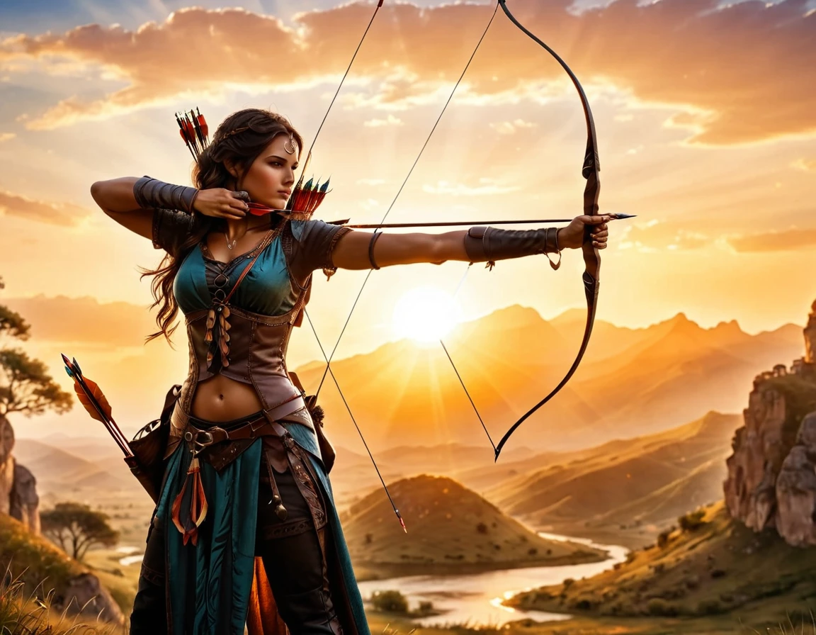a watercolor illustration of a exquisite beautiful female archer, (silhouette artwork: 1.3), aiming a bow, holding the bow perfectly, ready for action as the sun rises, fantasy art, ), sun rising behind the archer, ready to act,  ultra feminine, with a long curvy hair, dynamic clothing, intricate clothes, , sting drawn to the cheek , arrow ready to be shot, (tip of the arrow glimmers in the sun: 1.3), sunrays, divine rays, high details, best quality, 16k, [ultra detailed], masterpiece, best quality, (extremely detailed), dynamic angle, Aiming a Bow, bow (weapon)