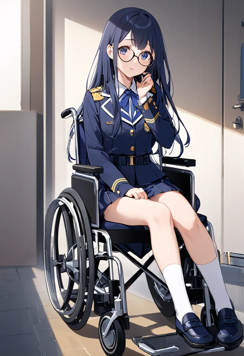girl(Round Glasses、uniform(Navy Blue、Short skirt)、wheelchair、hair(White、Long Hair))School