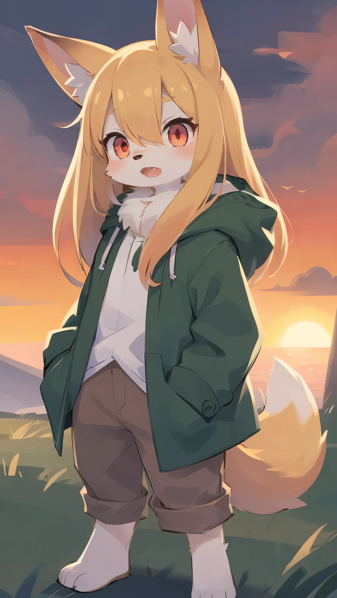 shota the fox, , was hairy, shaggy, skin fur, smooth lashes, golden fur, forelimb hands, straight long blonde hair, solid circle eyes, golden ears, golden fur, golden facial fur, shiny hair, red eyes, super cute face, 1fox tail, fluffy tail, furry tail, glowing eyes, green coat green hood down, brown trousers, standing, open mouth, ambient light, ultra-fine fur, dashed eyes, full body, masterpiece, high quality, high-details, best quality, wide short, (((solo))), twilight, sun light, red sky, rim light