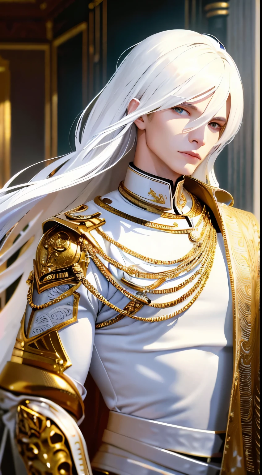 masculine, best qualityer, work of art,White hair, gold eyes,white and gold clothes, white and gold captain&#39;s cap looking up