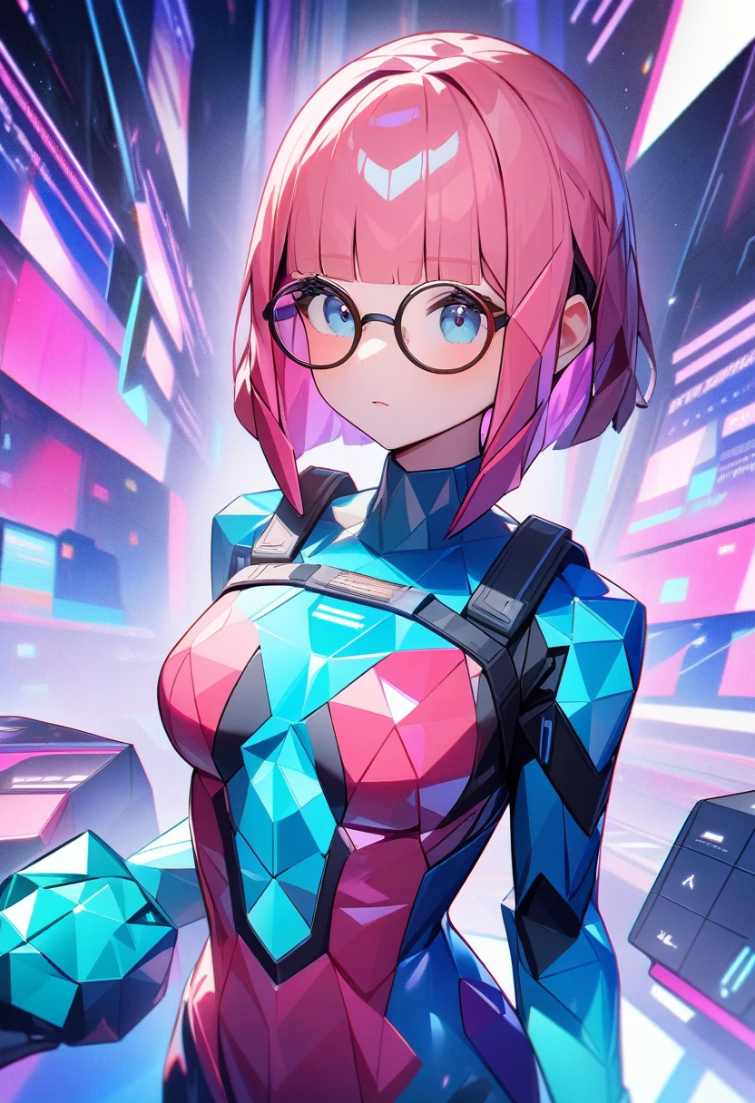 1girl, low-poly, round glasses, medium breasts, tomboy hair, short hair, blunt bangs, pink hair, cyan body suit, cyberspace, masterpiece quality, ultra HD, 4K, best quality,