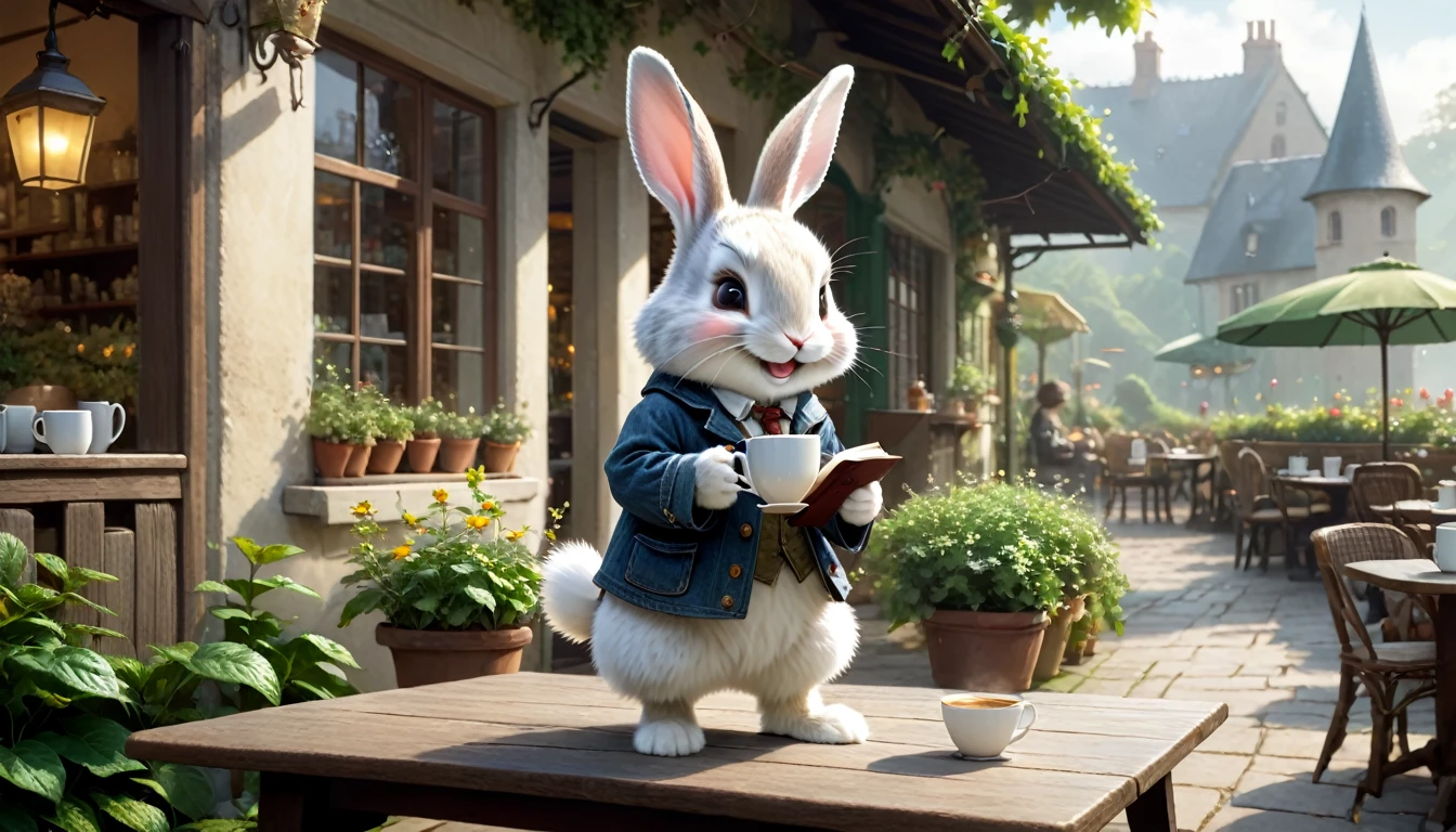 C4tt4stic, anthropomorphic cute baby rabbit character, dressed and walking on two legs, human-like posture, drinking hot coffee, cafe terrace, lush garden, smiling, reading a book, casual clothing, mysterious, fantasy art, exquisite details, Jean-Baptiste Monge style, Alan Lee style, movie scene, dramatic shot angles, atmospheric particles, realistic, raw cinematic photorealism, action portrait, 8k, detailed, full frame