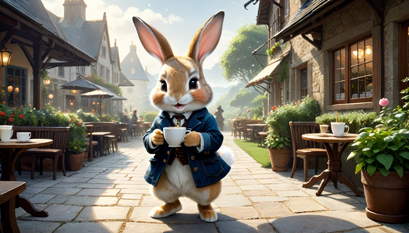 C4tt4stic, anthropomorphic cute baby rabbit character, dressed and walking on two legs, human-like posture, drinking hot coffee, cafe terrace, lush garden, smiling, reading a book, casual clothing, mysterious, fantasy art, exquisite details, Jean-Baptiste Monge style, Alan Lee style, movie scene, dramatic shot angles, atmospheric particles, realistic, raw cinematic photorealism, action portrait, 8k, detailed, full frame
