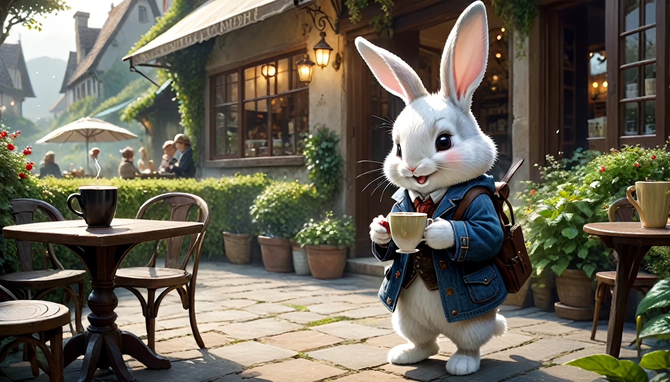 C4tt4stic, anthropomorphic cute baby rabbit character, dressed and walking on two legs, human-like posture, drinking hot coffee, cafe terrace, lush garden, smiling, reading a book, casual clothing, mysterious, fantasy art, exquisite details, Jean-Baptiste Monge style, Alan Lee style, movie scene, dramatic shot angles, atmospheric particles, realistic, raw cinematic photorealism, action portrait, 8k, detailed, full frame