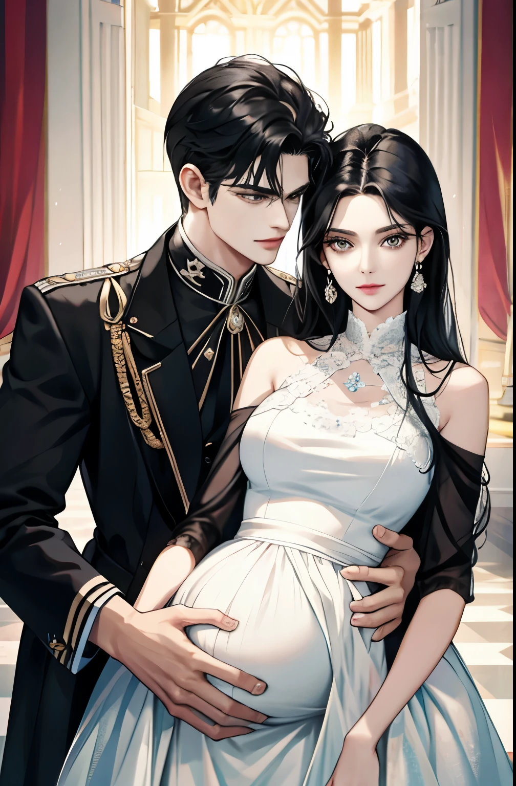 family, royal, elegant, good looking, kids, detailed, 4k, mom and dad, detailed eyes, pretty hair, handsome man, gorgeous woman, fine mom, hot dad, hot parents, mom with black hair, mom pregnant, man looking at woman with love, man hugging woman