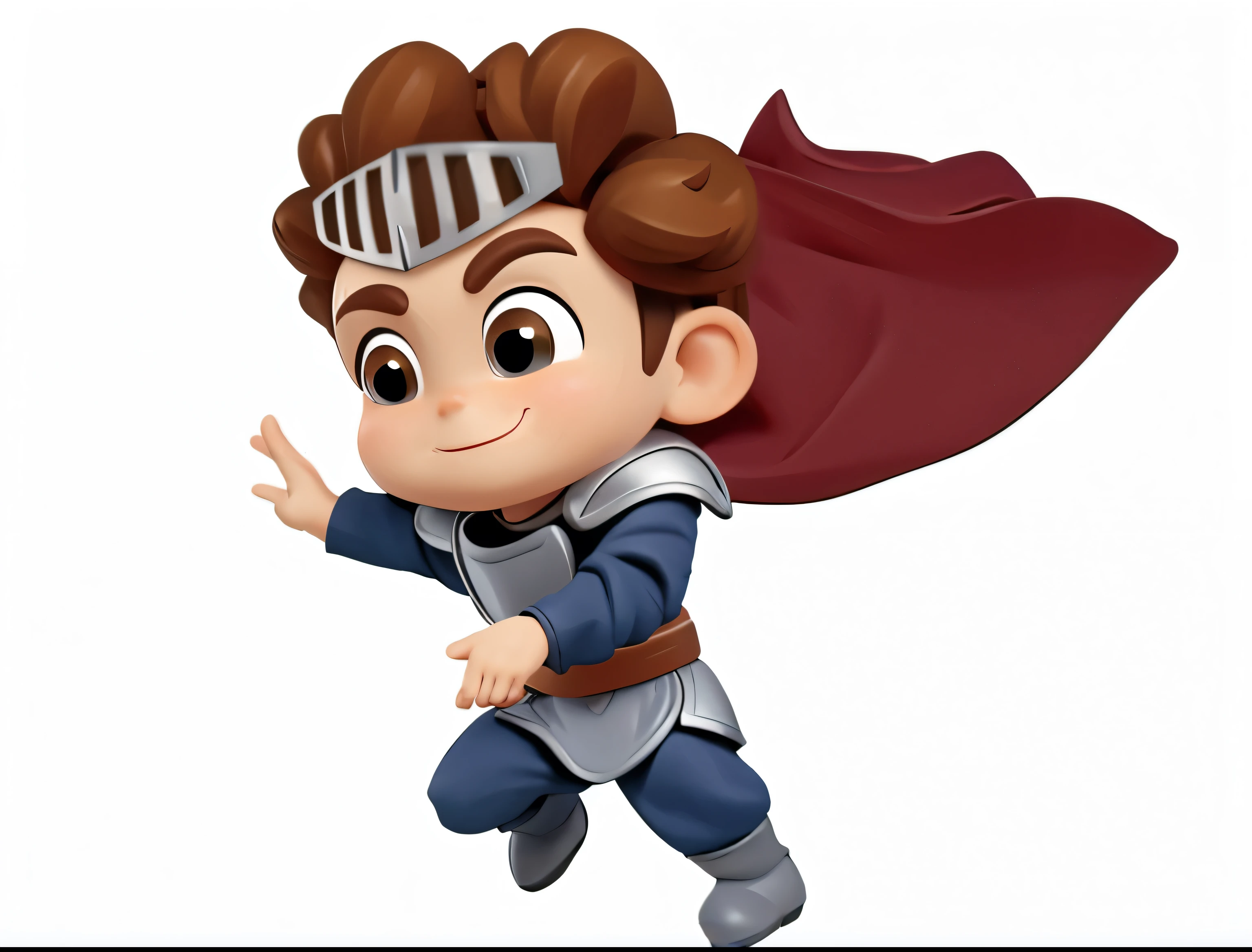 whole body、《Q version boy》、Knight Boy、warrior、High-quality character design, Bright Eyes、3D Rendering、knight clothing、Gray long sleeves、Wearing armor、armor、Forehead armor decoration、Combat Boots、Smile、Overall details of clothing、Red Cape、The fingers must be delicate、The fingers are clearly defined、Fingers add a touch of sophistication、knight、Clothing needs details、Jump up action pose、Hero Action Poses、Super Detail、Fearless expression,Blind Box Toys、Pixar style、