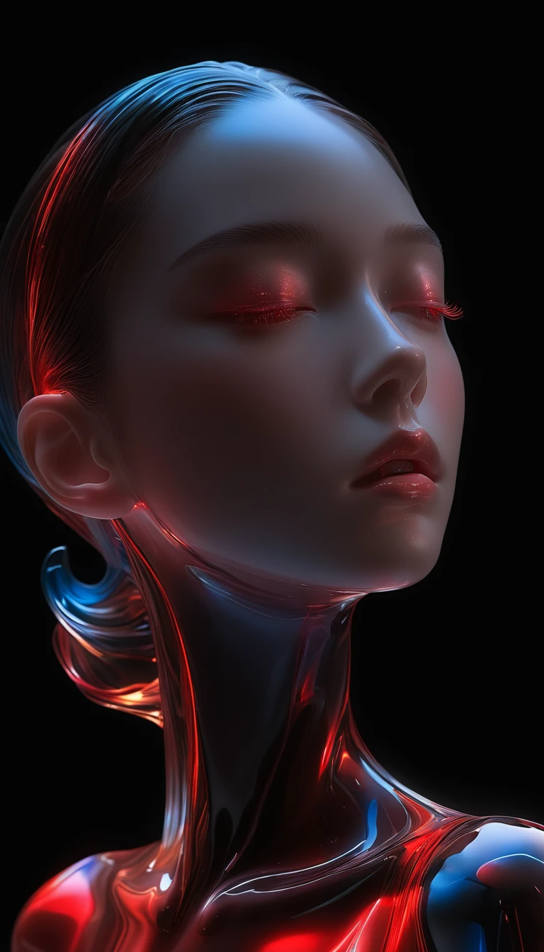 1 colored glass transparent 3D portrait sculpture,面部Luminescence线路,simple,Minimalism,beautiful girl,Black and red,,black background,Luminescence