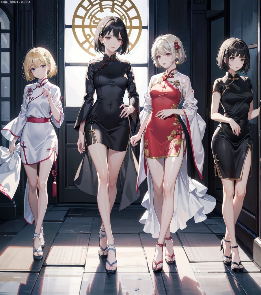 absurdres, RAW photo, extremely delicate and beautiful, masterpiece, Best Quality, ultra high resolution, 32k, hyperrealistic, ultra-detailed, Very detailed CG 8k wallpaper, Beautiful Lighting, Perfect Lightning, Realistic Shadows, perfect anatomy, super Detailed skin, perfect figure, Japanese woman, late 20s, very Slim body, narrow waist, very small head, handsome detailed woman, very detailed eyes and face, realistic face proportions, Stunning detailed eyes, Realistic beautiful face, very small face, Realistic small beautiful eyes, tearful mole, earring, beautiful and very thin legs, beautiful and very thin thighs, very huge round breasts, medium hair, black hair, (full body shot), (3girls:1.5), (cheongsam:1.5),