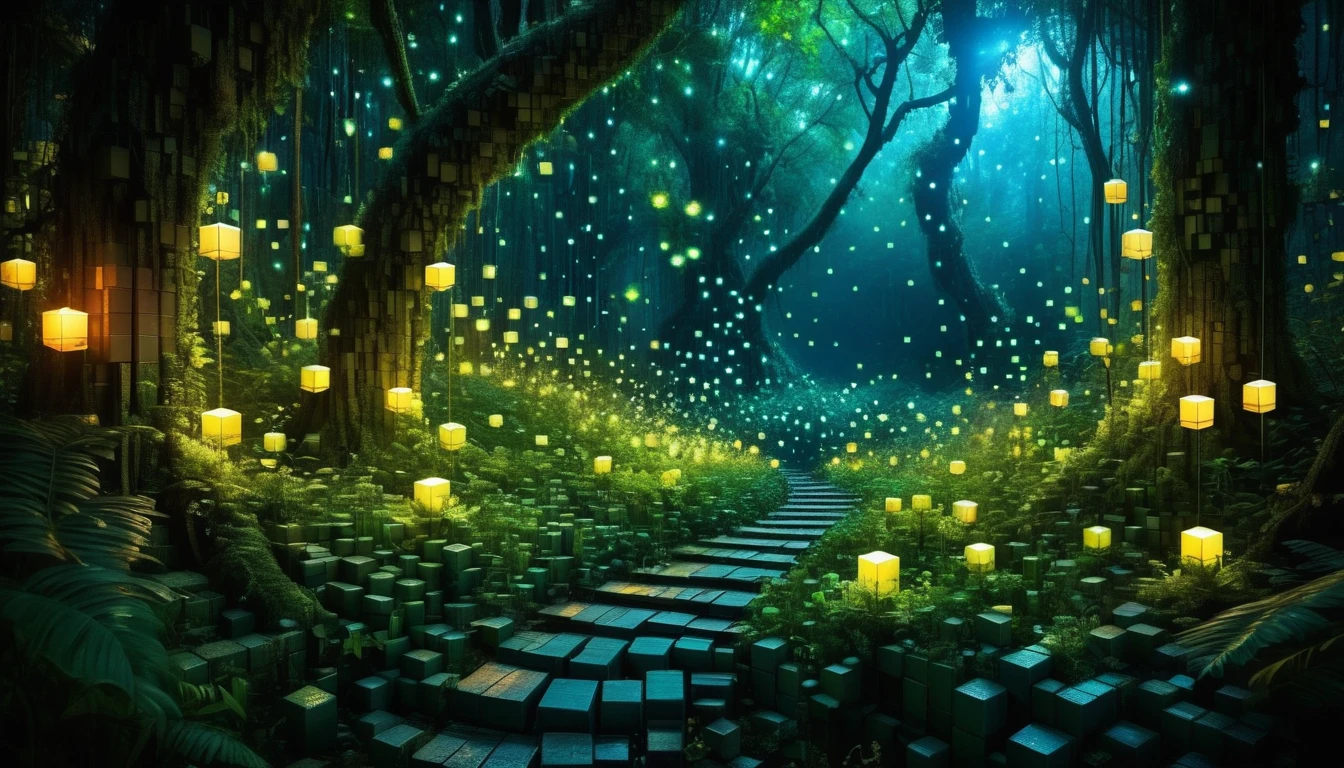 An enchanted forest made up of RAL-3D cubes, Surrounded by the fantastic light of fireflies,Very beautiful secret forest,There are lots of little smiling geckos living here,An angel is peeking