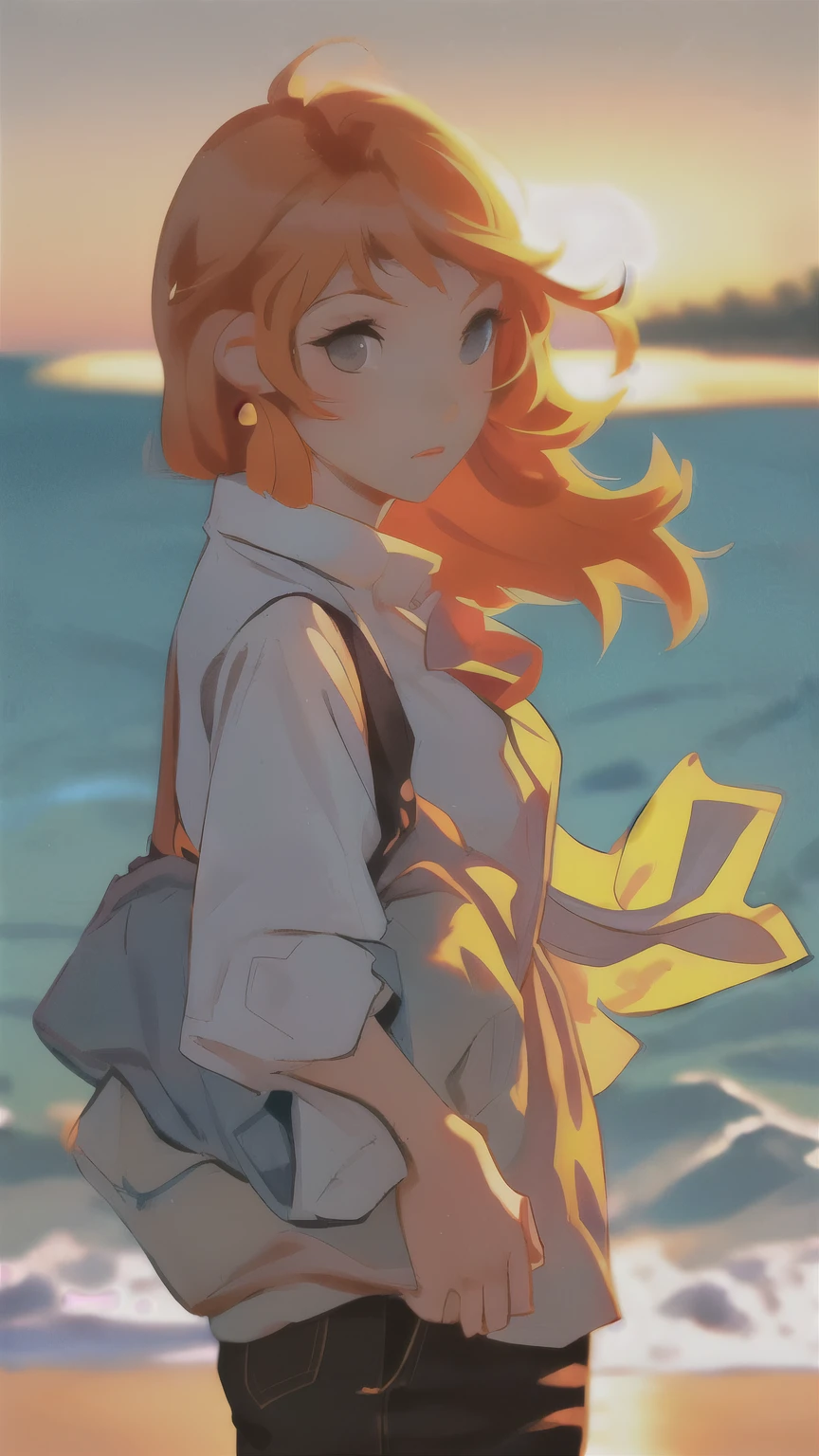 A girl standing on the beach, a fresh breeze blowing, long hair fluttering, sunset, coastline, travel-like, white dress fluttering, look this way, detailed face,