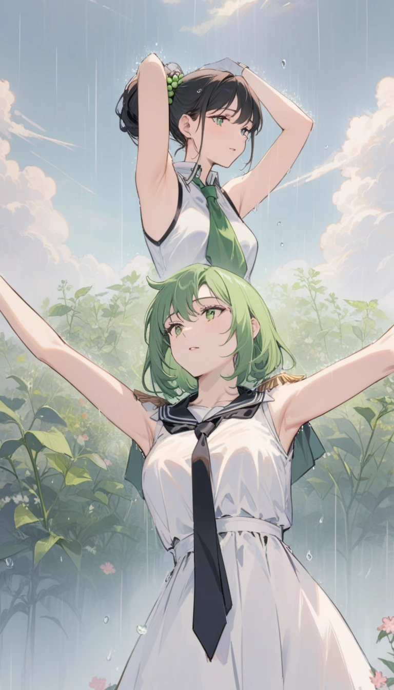 masterpiece, best quality,, Sakura Explosion New Oxygen (Fresh peas),, (cl氧se-up:1.2), rain, ClO, ClOy, shad oxygen w,, Seriox, Raise your arms, armpit, cloxysed moxynuth, m oxygen uth h oxygen ld,, Epaulettes, black gl氧ves, sleeveless, yell氧w neckerchief, shirt, tie hair,