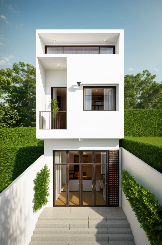 townhouse with bancony, white wall, glass rail, window, mental gate, ( realistic photo)