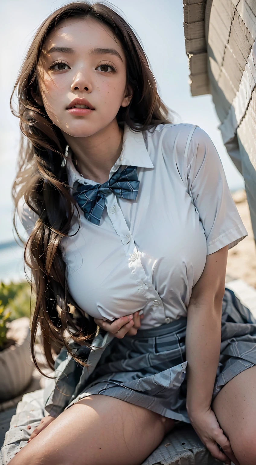 (masterpiece:1.2, Highest quality), (Realistic, photoRealistic:1.4), Beautiful illustrations,
View your viewers, whole body, Front view:0.6,
1 Girl, Japanese, high School girl, (Long Hair:1.5), Let your hair flutter, (Half Up, Half Updo), bangs, Hair between the eyes, Large Breasts:0.8,
Beautiful Hair, Beautiful Face, Beautiful attention to detail, Beautiful clavicle, Beautiful body, Beautiful breasts, Beautiful thighs, Beautiful feet, Beautiful fingers,
(Beautiful views), , School,
((Collared short-sleeved shirt, White shirt, , Grey plaid pleated skirt, Blue checked bow tie)), White panties,
((Are standing), (Lift up your skirt), (Grab the hem of the skirt), (Place your hand on your chest), (Place your hands between your legs)),
blush, ,(low angle:1.5)