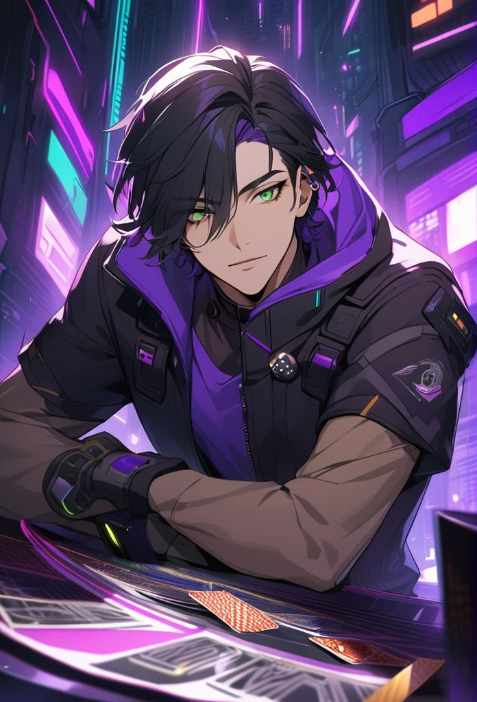 Handsome, solo, 1 male, short hair, black hair, green eyes, black and purple hood, futuristic, cyberpunk, cards, dices, gambler