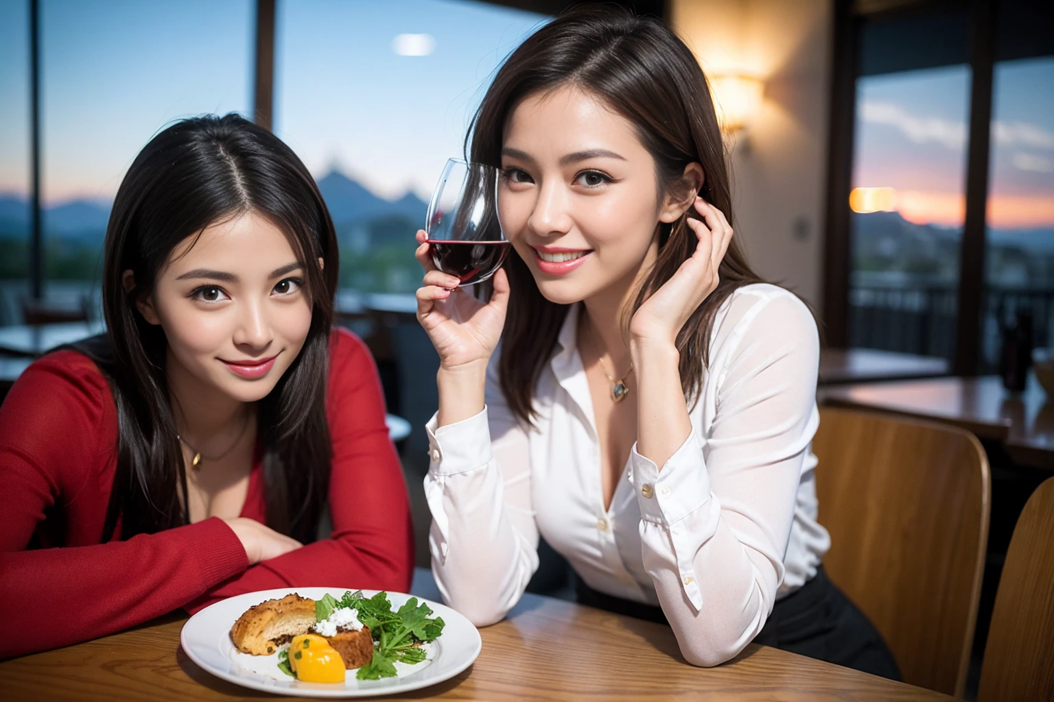 ((Highest quality、8K、masterpiece:1.3))、1 male、1 woman who resembles Satomi Ishihara、Couple、spouse、Couple、The body is slim、((Bob Hale、Straight hair:1.2)), (Realistic, Intricate details:1.2), テーブルの上のwine glass、Shine light on your face、 Amazing view of the sunset sky and clouds、Amazing mountain views、A bright smile、The wonderfulness of smile、Bright image、The beauty of wine, Beautiful Face, blue eyes, The light shines on your face, Blushing, short hair,Bright Face、42 years old), 39 years old, red wine 、Appetizers、Italian food、Wine bottle、Champagne、sparkling wine、Two beauties、Brown Hair、Shortcuts、Long sleeve shirt、dress、Beautiful woman 1, (slimな顔), (The body is slim), (Brown Hair), (Shortcuts), cheeks turn a little red,Attractive beauty、restaurant, In a prominent place (From the waist up) Nova Frog Style, actress, model, Upper Body, White wine, slim, wine glass, 中央に置かれたwine glass, smile, (smile: 1.15), Beautiful fine grain, Depth f/2,saturation, High Contrast, Strong light and shadow,Moist Body:1.5、3D texture、Delicate eyes、Brown Hair、The hair is very shiny、