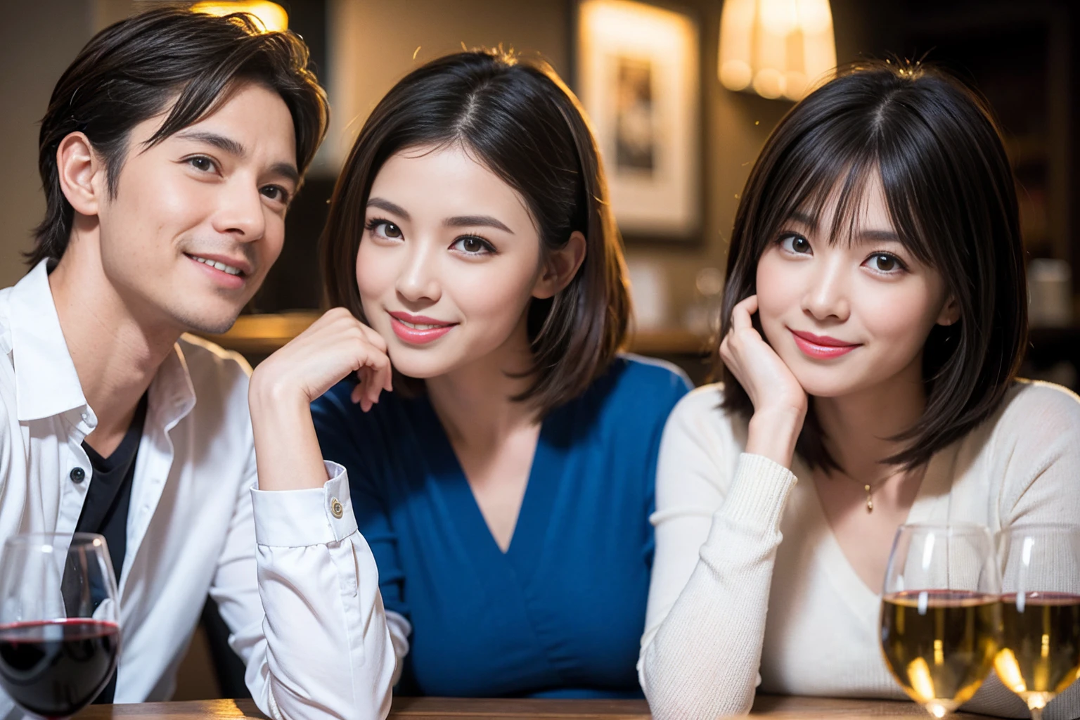 ((Highest quality、8K、masterpiece:1.3))、1 male、1 woman who resembles Satomi Ishihara、Couple、spouse、Couple、The body is slim、((Bob Hale、Straight hair:1.2)), (Realistic, Intricate details:1.2), テーブルの上のwine glass、Shine light on your face、 Amazing view of the sunset sky and clouds、Amazing mountain views、A bright smile、The wonderfulness of smile、Bright image、The beauty of wine, Beautiful Face, blue eyes, The light shines on your face, Blushing, short hair,Bright Face、42 years old), 39 years old, red wine 、Appetizers、Italian food、Wine bottle、Champagne、sparkling wine、Two beauties、Brown Hair、Shortcuts、Long sleeve shirt、dress、Beautiful woman 1, (slimな顔), (The body is slim), (Brown Hair), (Shortcuts), cheeks turn a little red,Attractive beauty、restaurant, In a prominent place (From the waist up) Nova Frog Style, actress, model, Upper Body, White wine, slim, wine glass, 中央に置かれたwine glass, smile, (smile: 1.15), Beautiful fine grain, Depth f/2,saturation, High Contrast, Strong light and shadow,Moist Body:1.5、3D texture、Delicate eyes、Brown Hair、The hair is very shiny、