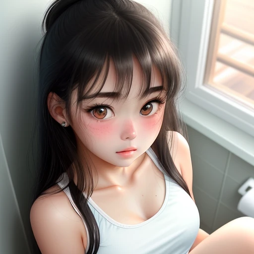 Sitting on closet in toilet. Girl with sweat on blushing face. Use towel. Sexy vibes. Point of view from top. 
18-year-old girl, Detailed face, Detailed eyes, double eyelid, cute, hot-seductive-sexy-beautiful-girl with messy long-black-hair and blushing face. Intimate vibes.