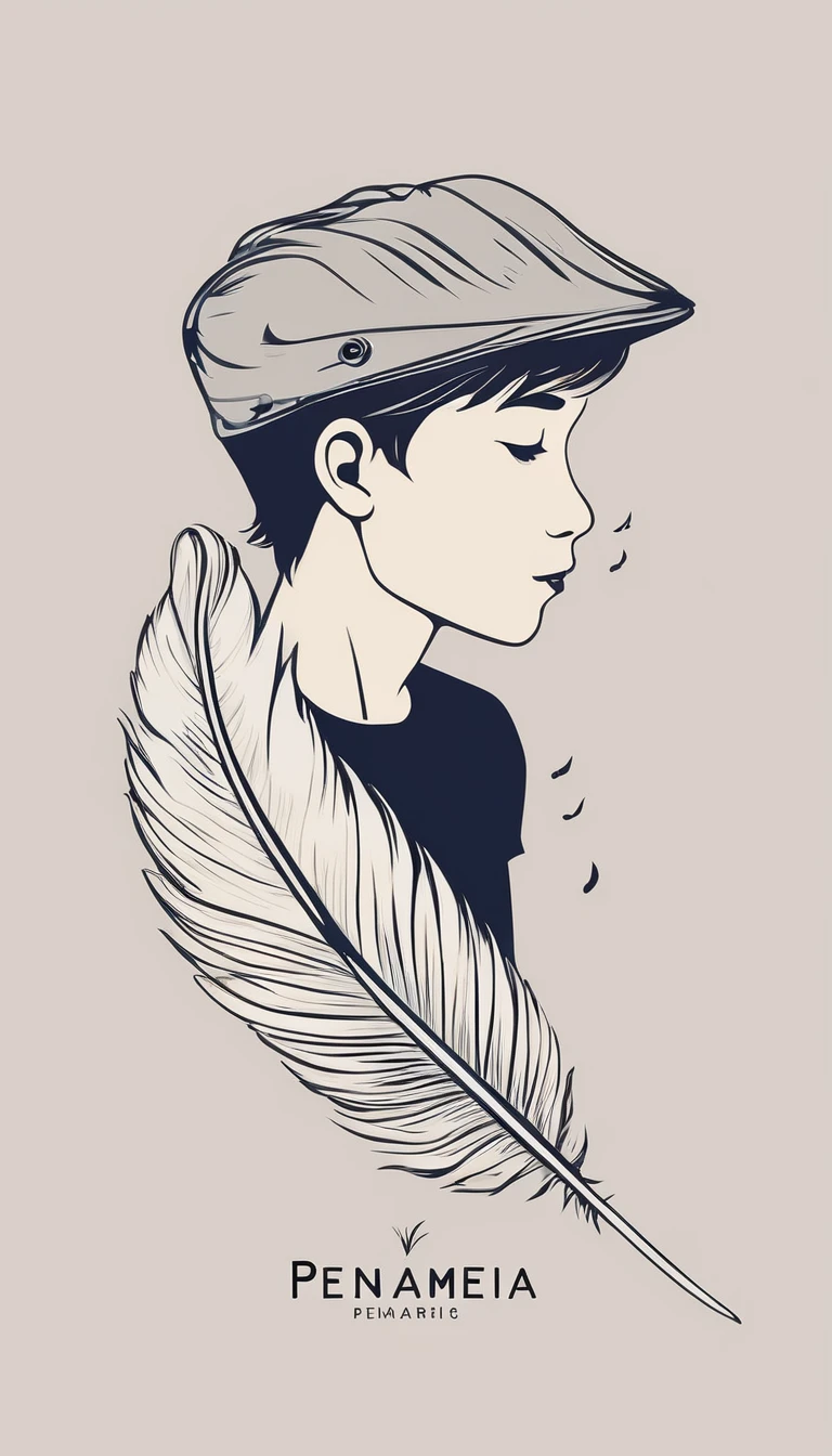 A minimalist, fantastic, poetic, dreamy, captivating, memorable, masterpiece, modern, simple logo design of a boy and a feather for the brand “Penamemoria". The logo must convey a sense of music, stories and dreams. Minimalistic logo design of a boy and a feather.
