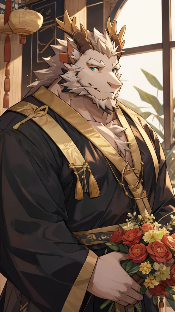 (white eastern dragon),furry,white mustache,big pecs,hearty males,muscular,black imperial robe,naked,adult,traditional_chinese_room,head portrait