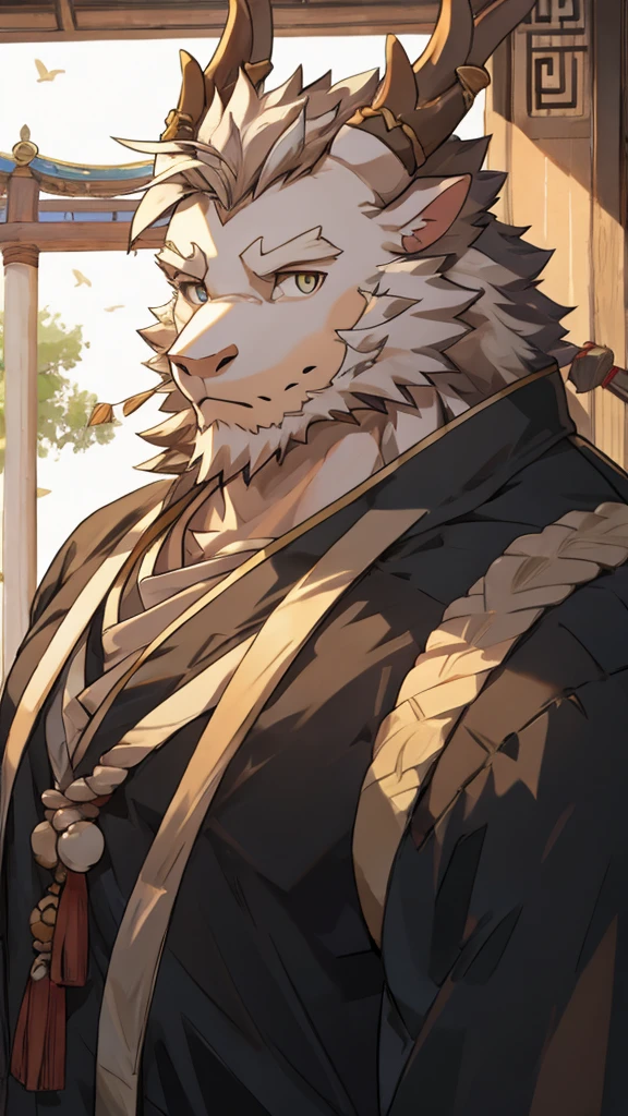 (white eastern dragon),furry,white mustache,big pecs,hearty males,muscular,black imperial robe,naked,adult,traditional_chinese_room，head portrait