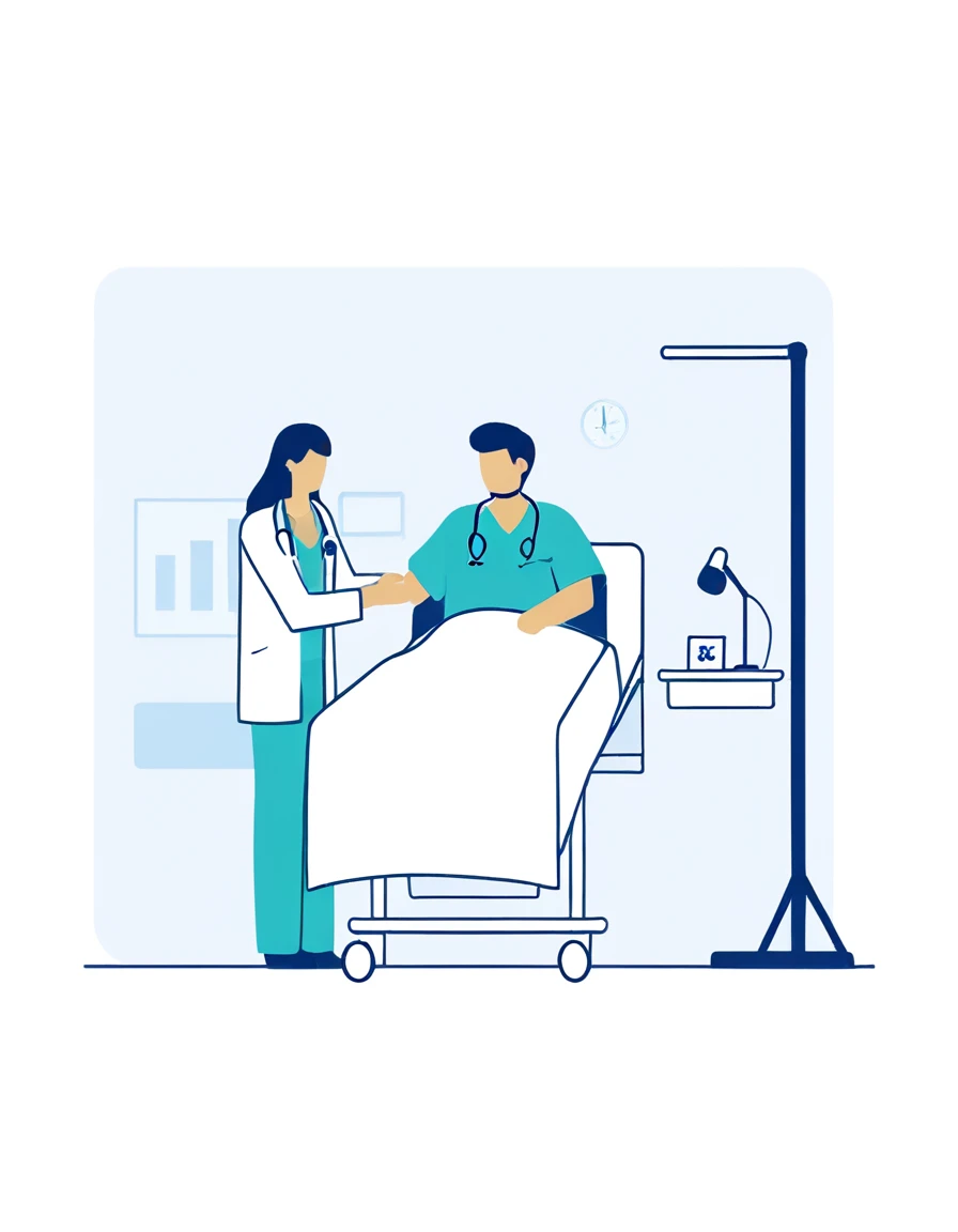 a man in a white coat is standing next to a woman in a Hospital bed, medical doctor, Flat illustration, Hospital background, in Hospital bed, doctor, Hospital room, medical background, Nursing, health care worker, Medical imaging, digital Medical equipment, colorful Medical equipment, Medical equipment, medical illustration, health care, Clean medical environment, Medical drawing, Hospital, Hospital ward