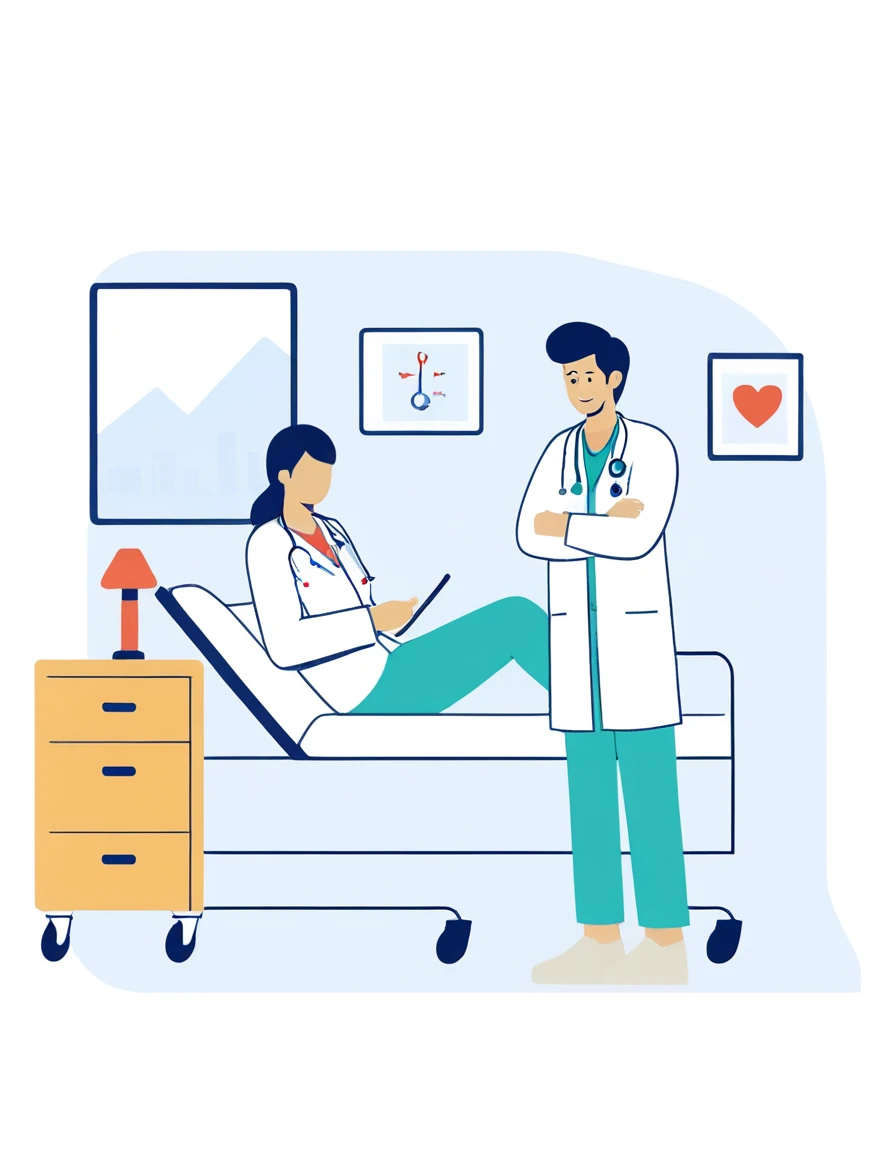 a man in a white coat is standing next to a woman in a Hospital bed, medical doctor, Flat illustration, Hospital background, in Hospital bed, doctor, Hospital room, medical background, Nursing, health care worker, Medical imaging, digital Medical equipment, colorful Medical equipment, Medical equipment, medical illustration, health care, Clean medical environment, Medical drawing, Hospital, Hospital ward