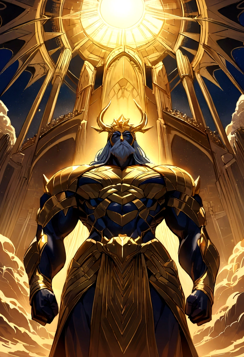 (masterpiece, best quality), (Be focused, Rich details), The powerful Greek god Poseidon is dressed in a shiny blue and gold Saint Seiya version of the futuristic advanced battle god cloth, With beard, Standing against the backdrop of the Undersea World Headquarters Castle, (Frontal shot, Look below), (The sun hangs high)To weapon colorTo red weapon color