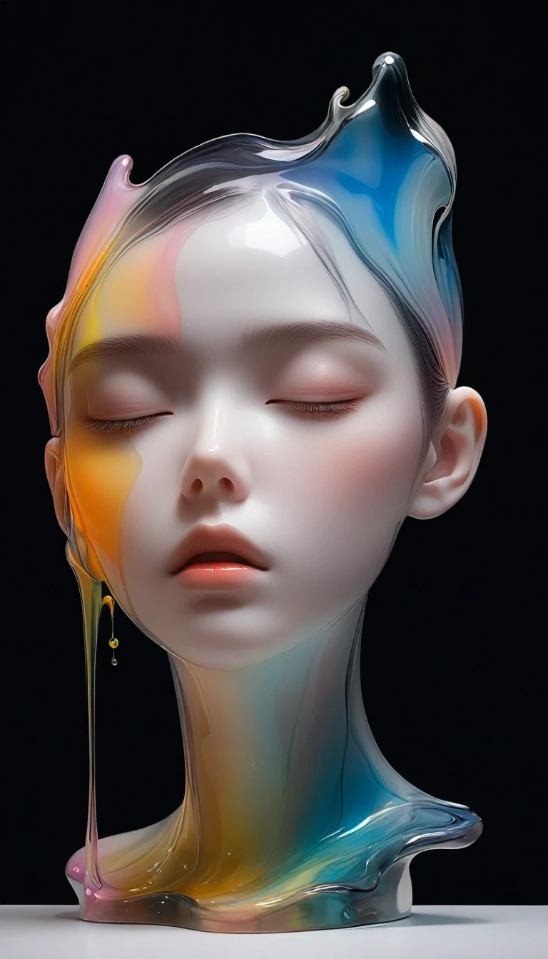 graphic design，Big black canvas，Sense of space，White Space，1 colored glass transparent 3D portrait sculpture，Bottom flow melting，面部Luminescence线路，simple，Minimalism，beautiful girl，Soft and elegant colors，，Dark background，Luminescence