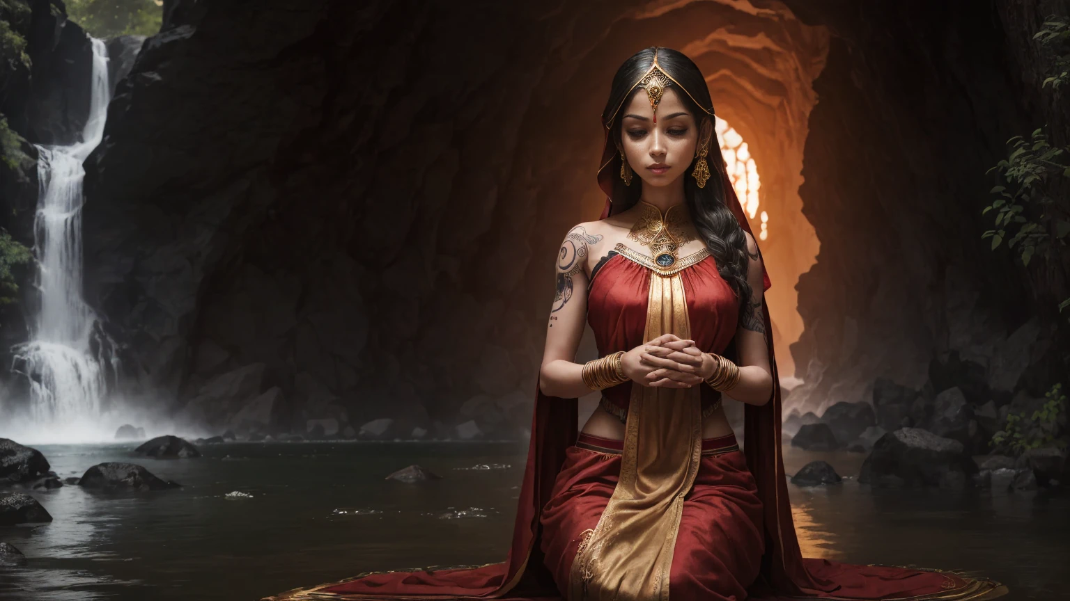 Women"Voluptuous and mysterious priestess meditating in an enchanting landscape near a waterfall, Dressed in a sacred robe and adorned with tattoos and piercings and an iron man helmet that covers her face, framed by a magnificent Hindu temple. The image is an ultra-realistic representation captured in stunning detail.."