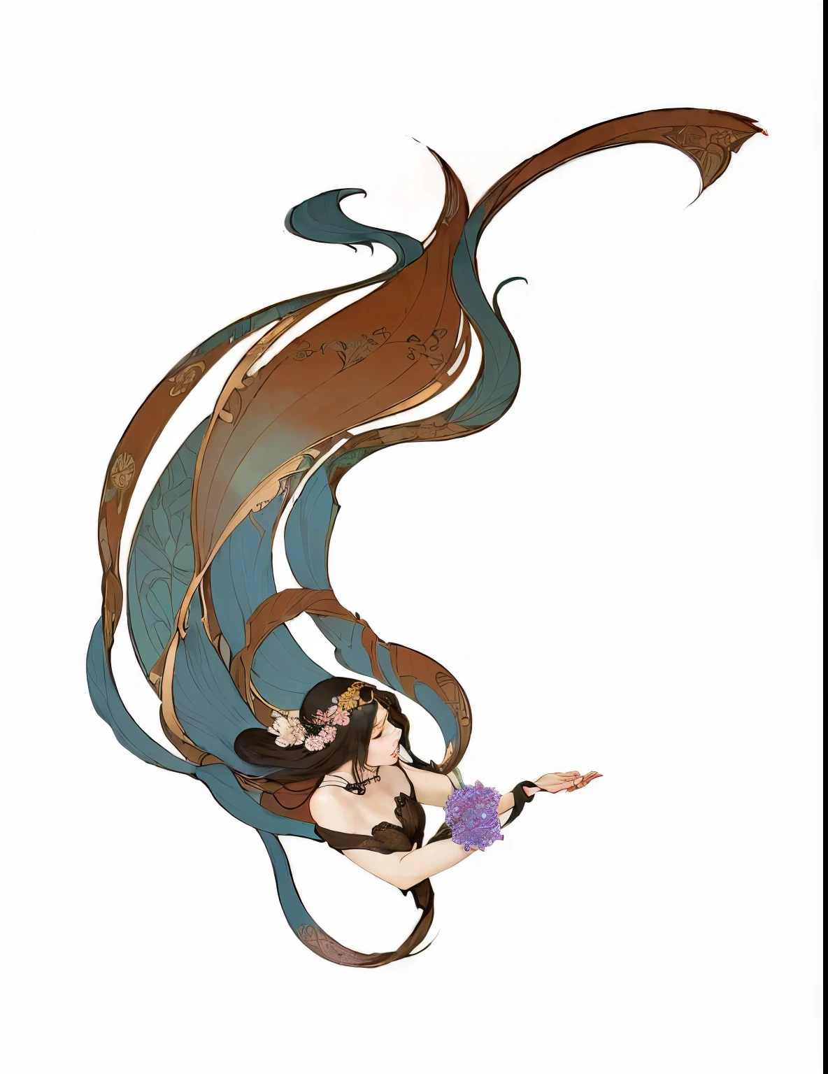 There was a woman，Long hair，Holding a flower in hand, Britney Lee, Inspired by Tawaraya Sotatsu, Oriental Art Nouveau, art nouveau lilith, Inspired by Warwick Goble (Warwick Goble), Alphonse Mucha style, Anime Art Nouveau, Asian female water element, Inspired by George Barbir (George Barbier), Inspired by Mucha